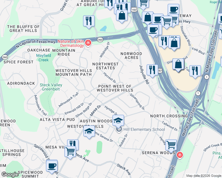 map of restaurants, bars, coffee shops, grocery stores, and more near 8805 Point West Drive in Austin