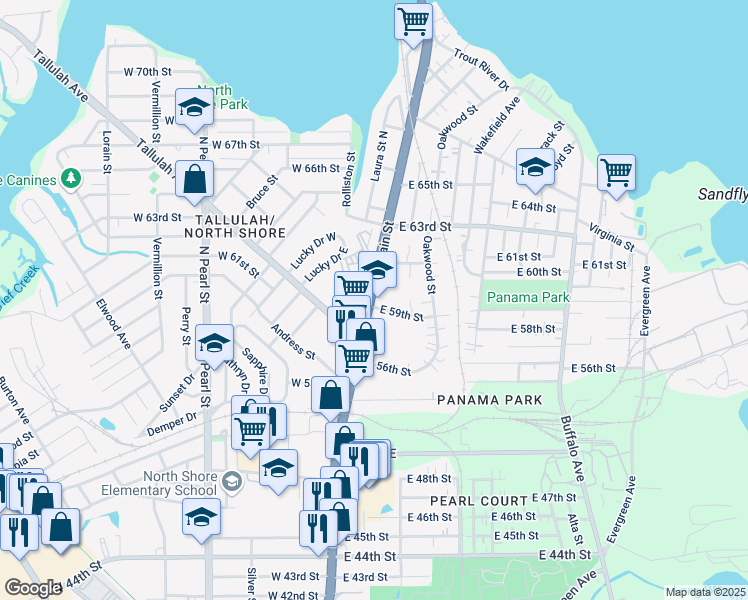 map of restaurants, bars, coffee shops, grocery stores, and more near 6927 North Main Street in Jacksonville