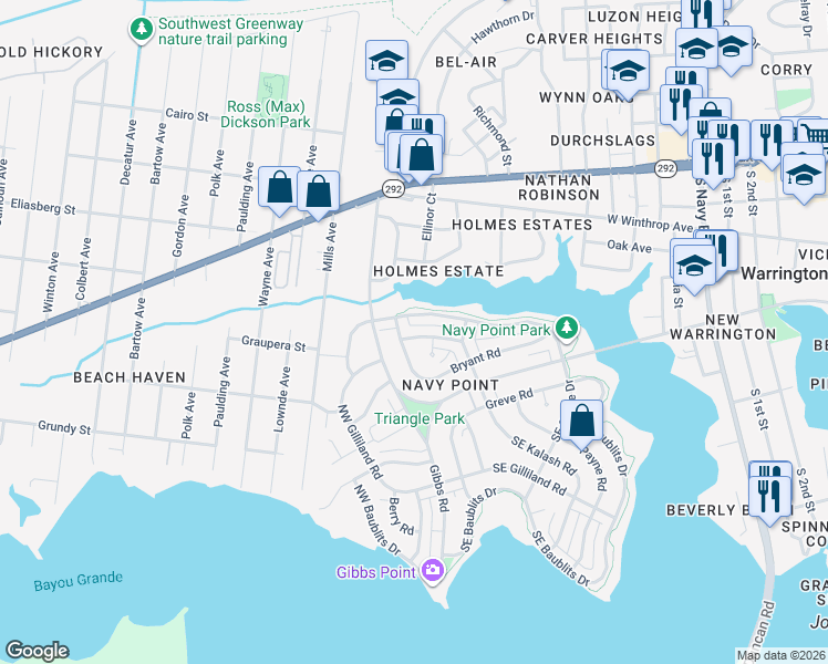 map of restaurants, bars, coffee shops, grocery stores, and more near 317 Northwest Syrcle Drive in Pensacola