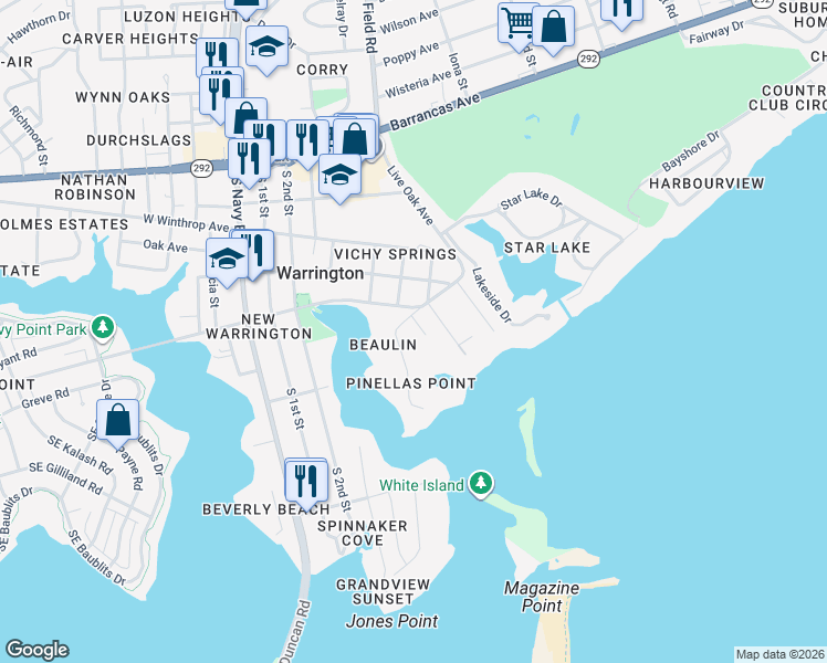 map of restaurants, bars, coffee shops, grocery stores, and more near 401 Reeves Road in Pensacola