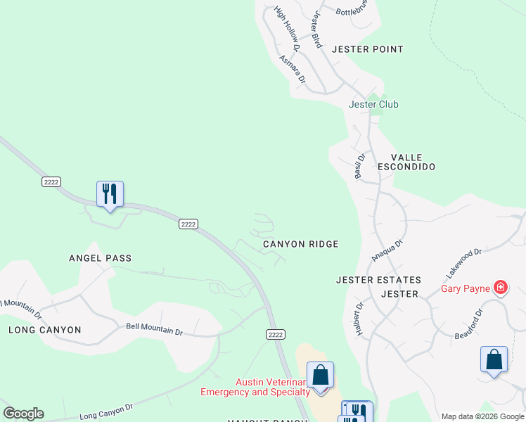 map of restaurants, bars, coffee shops, grocery stores, and more near 8110 Ranch Road 2222 in Austin