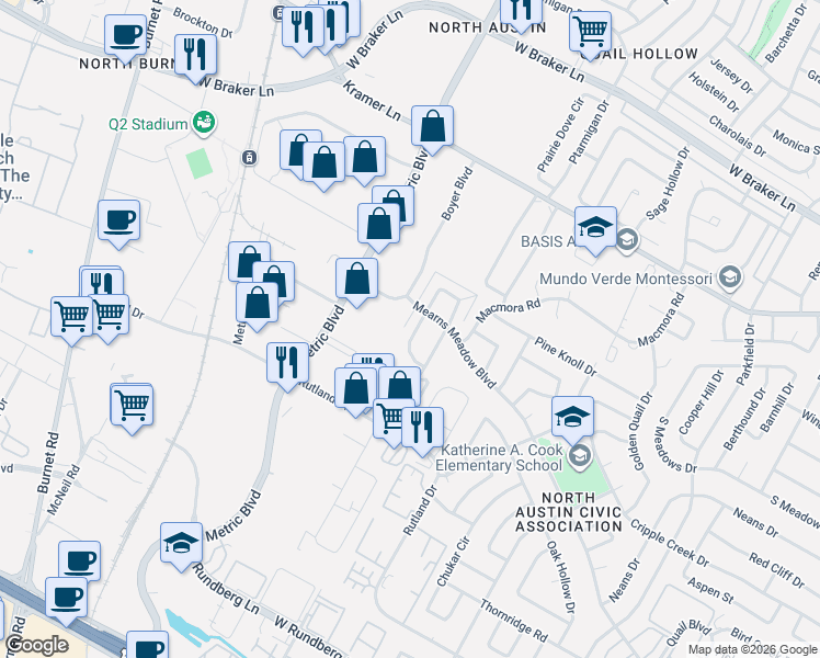map of restaurants, bars, coffee shops, grocery stores, and more near 10408 Little Pebble Drive in Austin