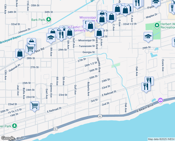 map of restaurants, bars, coffee shops, grocery stores, and more near 2600-2612 Roberts Avenue in Gulfport