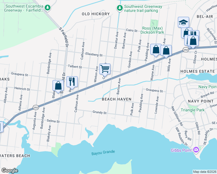 map of restaurants, bars, coffee shops, grocery stores, and more near 2110 Gulf Beach Highway in Pensacola