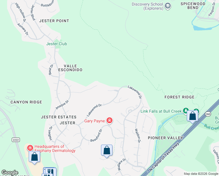 map of restaurants, bars, coffee shops, grocery stores, and more near 6908 Jester Wild Drive in Austin