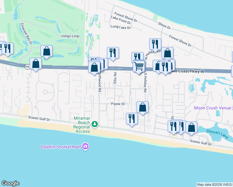 map of restaurants, bars, coffee shops, grocery stores, and more near 327 Ellis Road in Destin