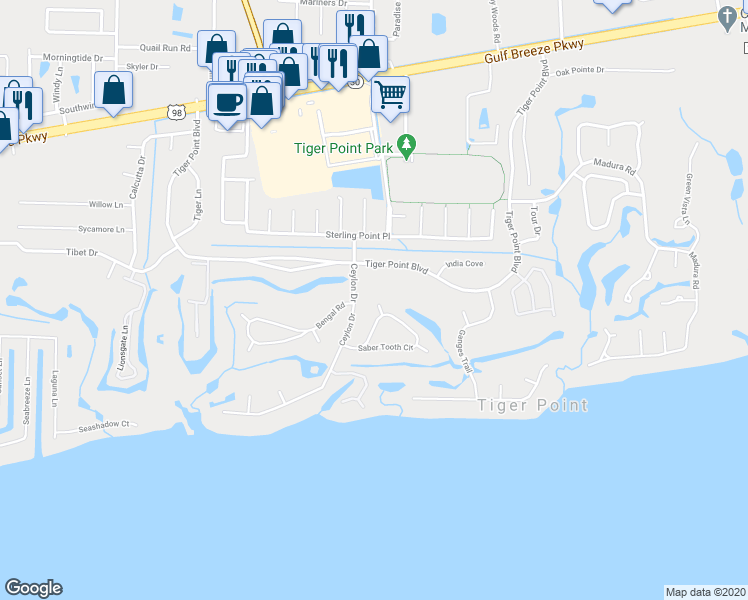 map of restaurants, bars, coffee shops, grocery stores, and more near 3814 Kashmir Cove in Gulf Breeze