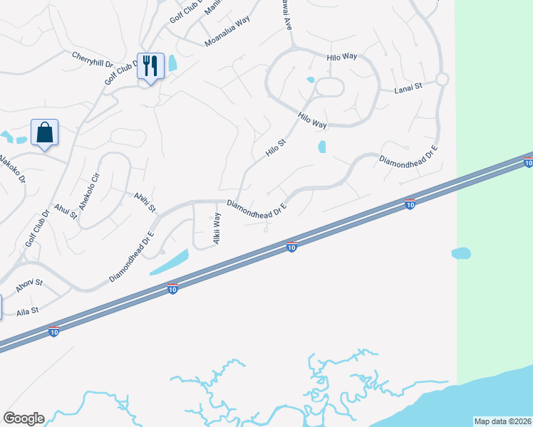 map of restaurants, bars, coffee shops, grocery stores, and more near 68189 Diamondhead Drive East in Diamondhead