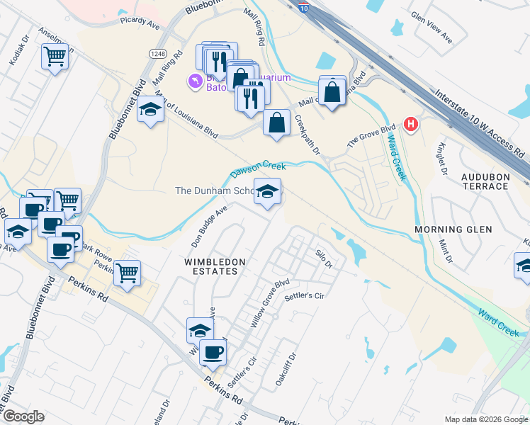 map of restaurants, bars, coffee shops, grocery stores, and more near 11121 Roy Emerson Drive in Baton Rouge