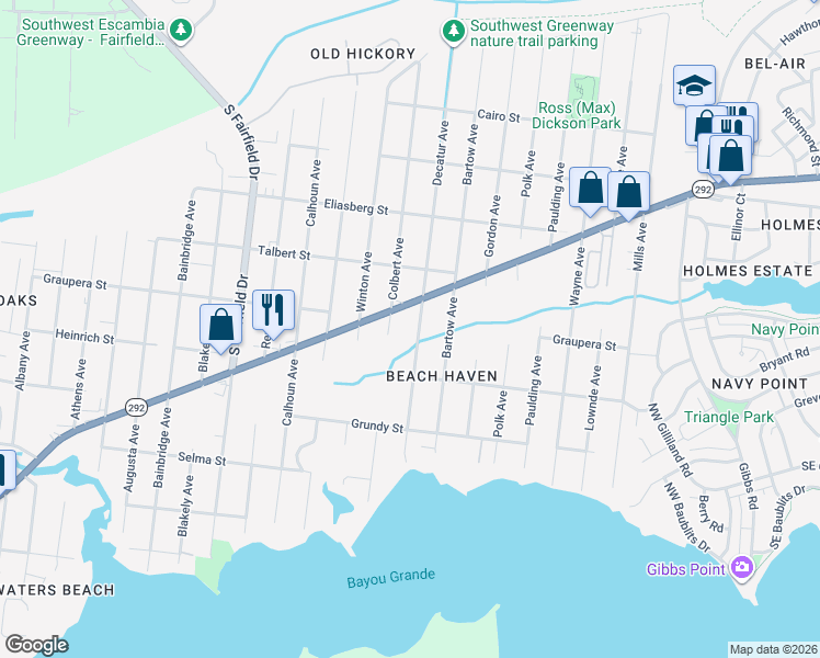 map of restaurants, bars, coffee shops, grocery stores, and more near 2110 Gulf Beach Highway in Pensacola