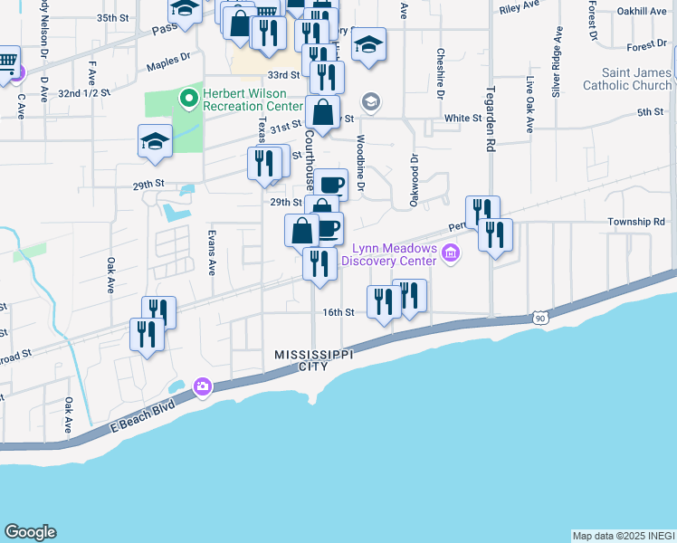 map of restaurants, bars, coffee shops, grocery stores, and more near 302 Courthouse Road in Gulfport