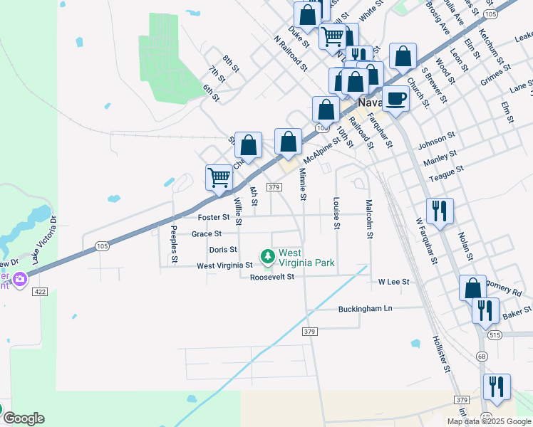 map of restaurants, bars, coffee shops, grocery stores, and more near 219 Ella Street in Navasota