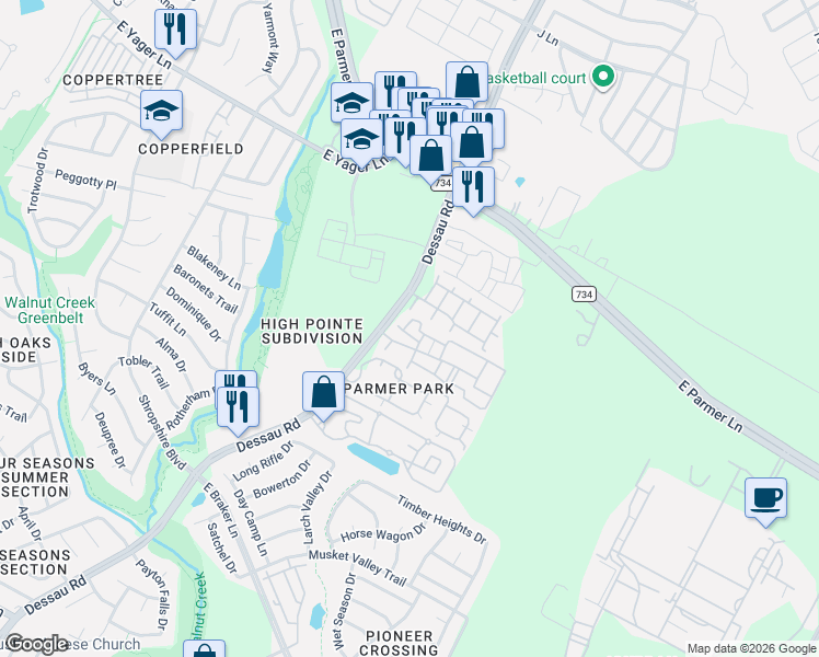 map of restaurants, bars, coffee shops, grocery stores, and more near 12123 Dessau Road in Austin