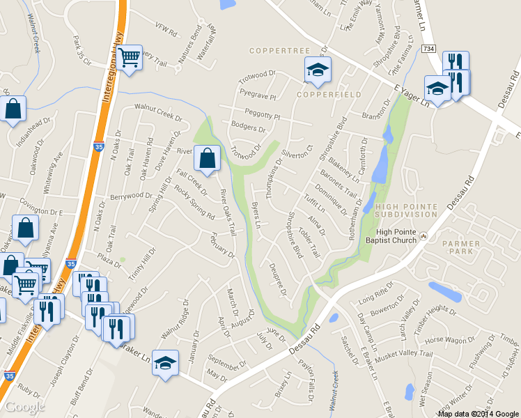 map of restaurants, bars, coffee shops, grocery stores, and more near 1107 Byers Lane in Austin