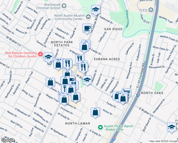 map of restaurants, bars, coffee shops, grocery stores, and more near 11401 Tedford Street in Austin