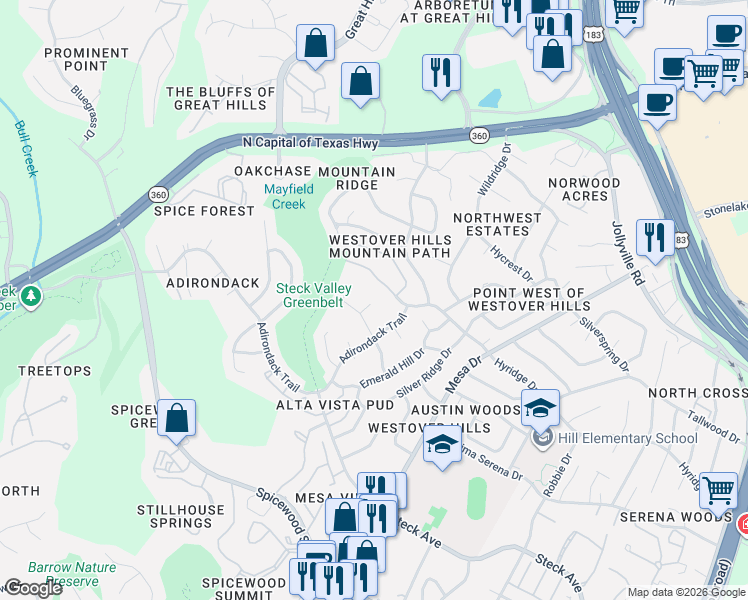 map of restaurants, bars, coffee shops, grocery stores, and more near 4412 Walhill Lane in Austin