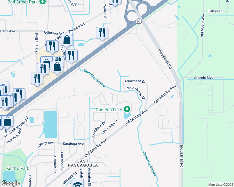 map of restaurants, bars, coffee shops, grocery stores, and more near 5201 Monaco Street in Pascagoula