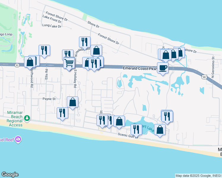 map of restaurants, bars, coffee shops, grocery stores, and more near 244 Lakeland Drive in Miramar Beach