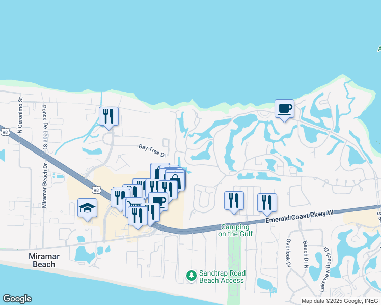 map of restaurants, bars, coffee shops, grocery stores, and more near 192 Eagle Drive in Miramar Beach