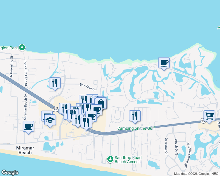 map of restaurants, bars, coffee shops, grocery stores, and more near 256 Eagle Drive in Destin