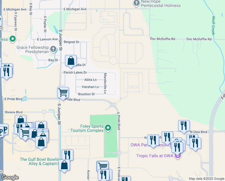 map of restaurants, bars, coffee shops, grocery stores, and more near 2130 Bourbon Street in Foley