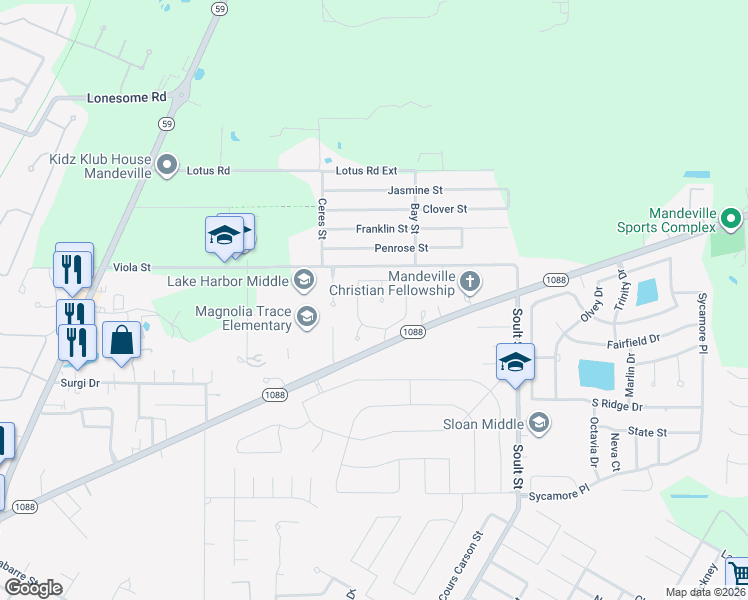 map of restaurants, bars, coffee shops, grocery stores, and more near 141 Frenchmen Drive in Mandeville