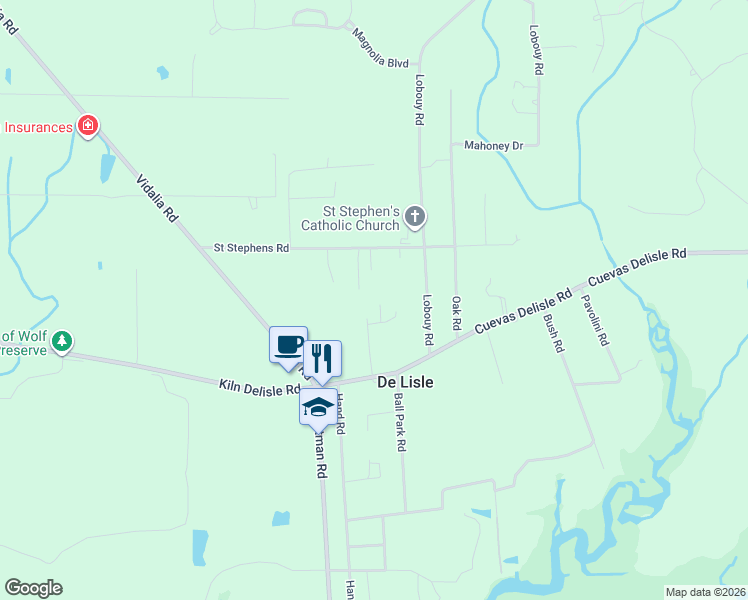 map of restaurants, bars, coffee shops, grocery stores, and more near 25300 Cuevas Delisle Road in Pass Christian