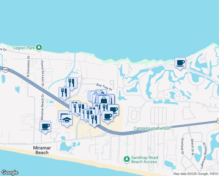 map of restaurants, bars, coffee shops, grocery stores, and more near 231 Bay Tree Drive in Destin
