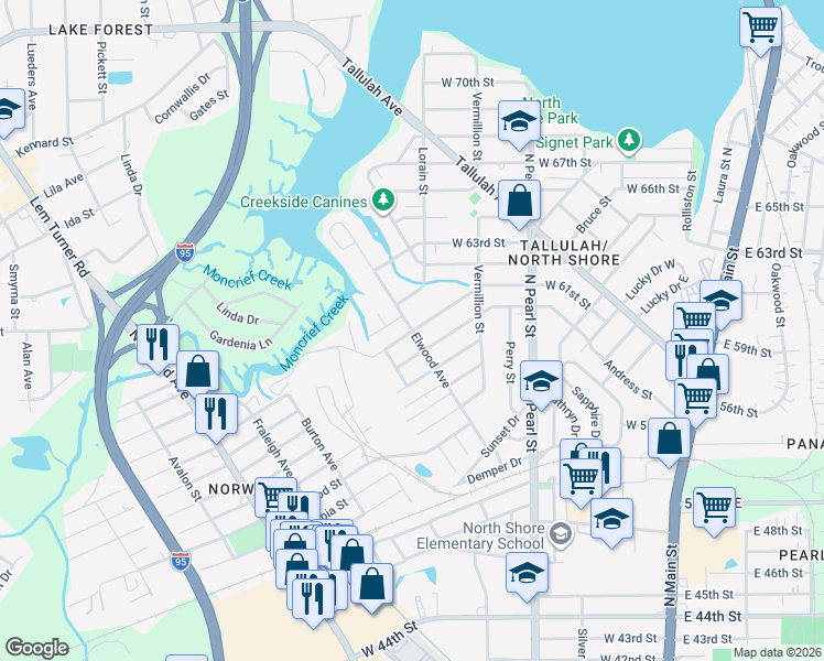 map of restaurants, bars, coffee shops, grocery stores, and more near Elwood Avenue in Jacksonville