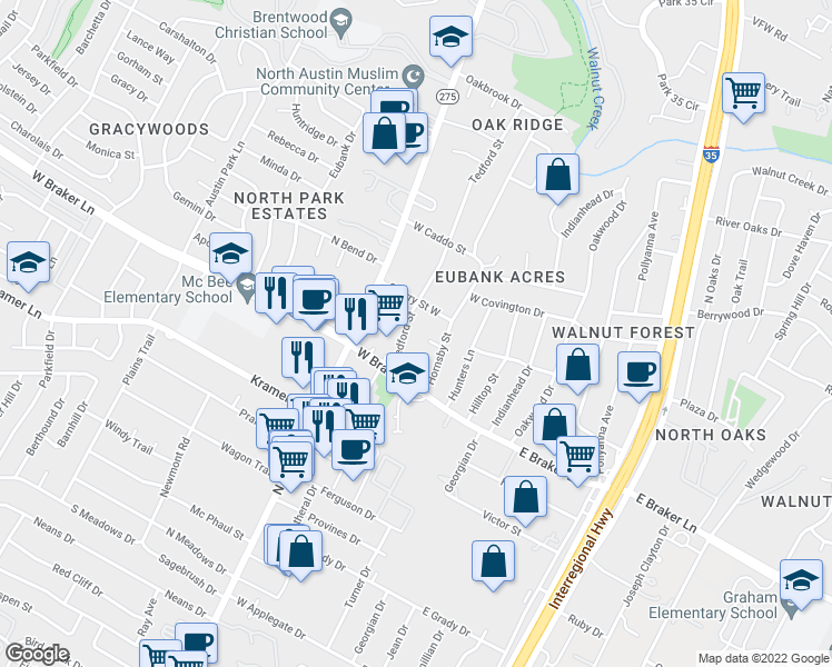map of restaurants, bars, coffee shops, grocery stores, and more near 11401 Tedford Street in Austin