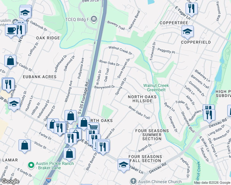 map of restaurants, bars, coffee shops, grocery stores, and more near 11603 Spring Hill Drive in Austin