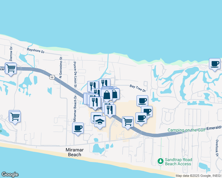 map of restaurants, bars, coffee shops, grocery stores, and more near 195 South Shore Drive in Miramar Beach