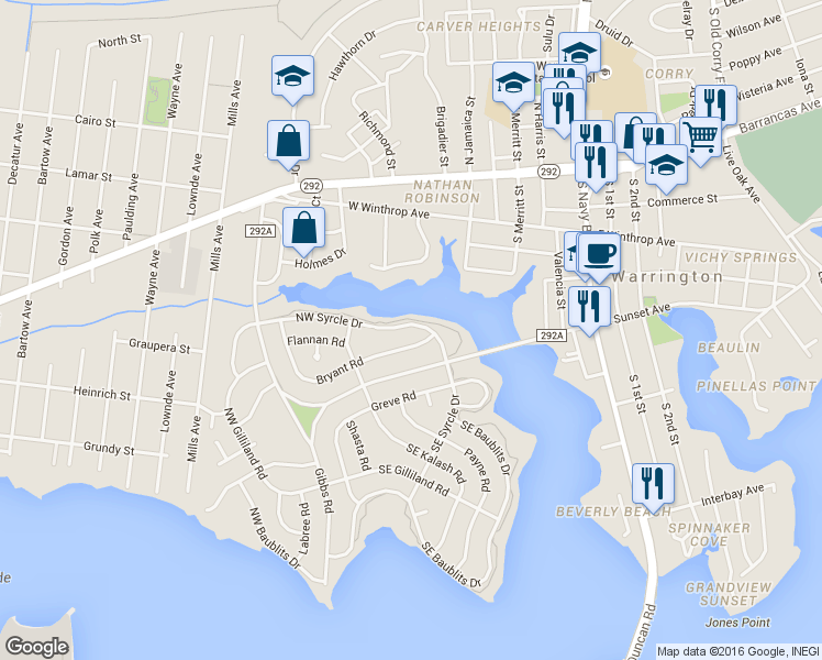 map of restaurants, bars, coffee shops, grocery stores, and more near 207 NW Syrcle Dr in Pensacola