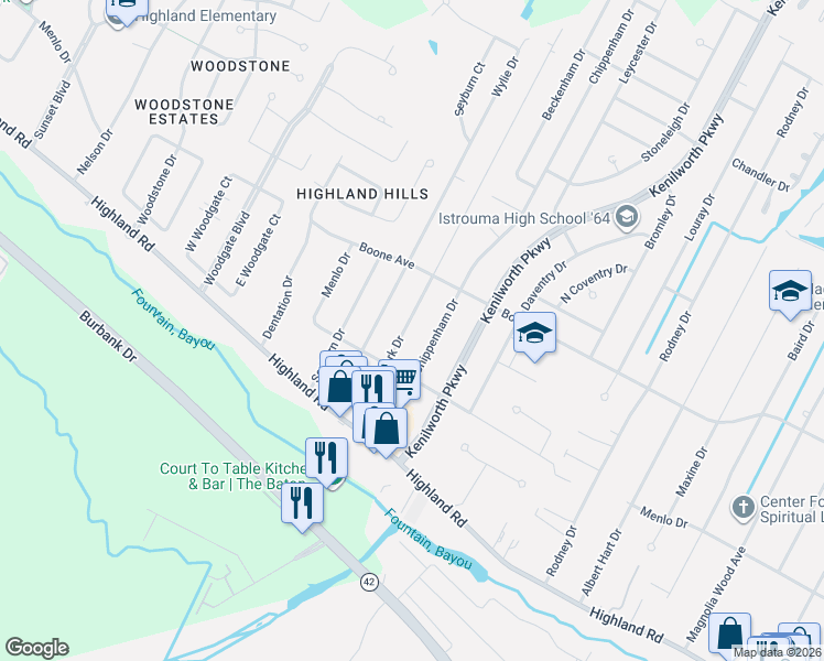 map of restaurants, bars, coffee shops, grocery stores, and more near 445 Chippenham Drive in Baton Rouge