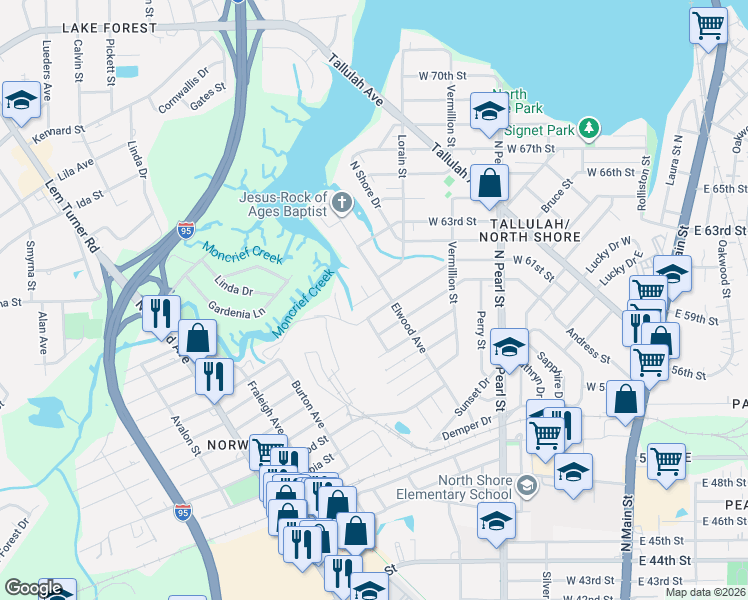 map of restaurants, bars, coffee shops, grocery stores, and more near 6827 Elwood Avenue in Jacksonville