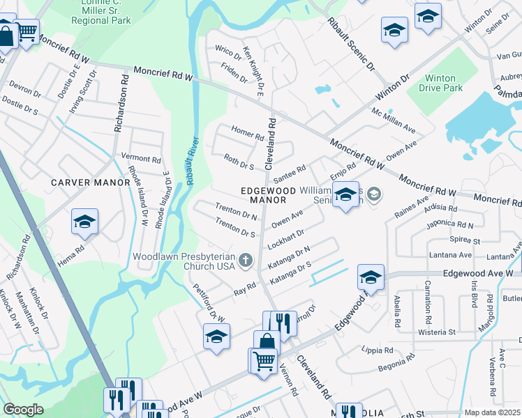 map of restaurants, bars, coffee shops, grocery stores, and more near 6511 Cleveland Road in Jacksonville