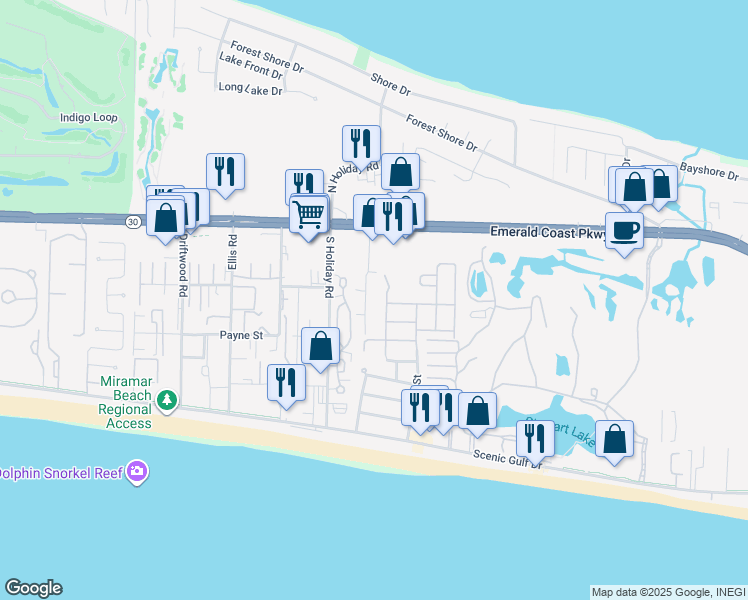 map of restaurants, bars, coffee shops, grocery stores, and more near 195 Business Centre Drive in Miramar Beach