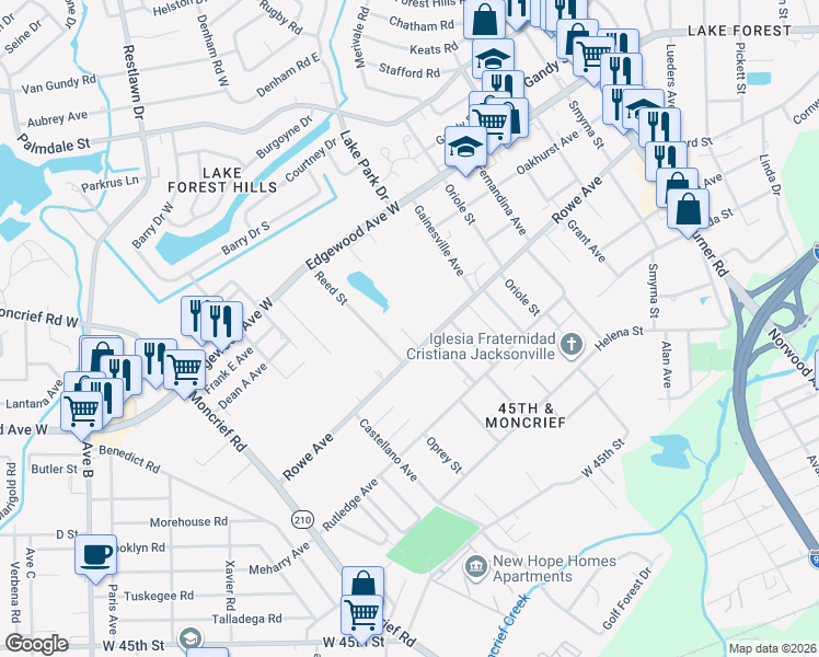 map of restaurants, bars, coffee shops, grocery stores, and more near 7526 Tampa Avenue in Jacksonville