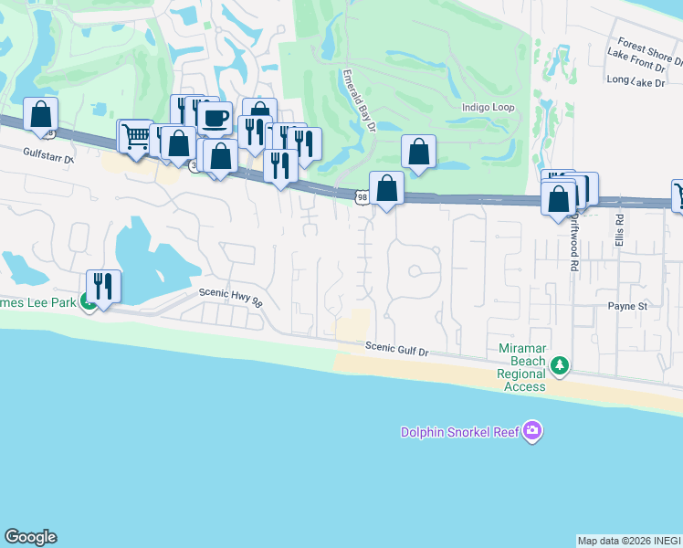 map of restaurants, bars, coffee shops, grocery stores, and more near 20 Garnet Cove in Miramar Beach
