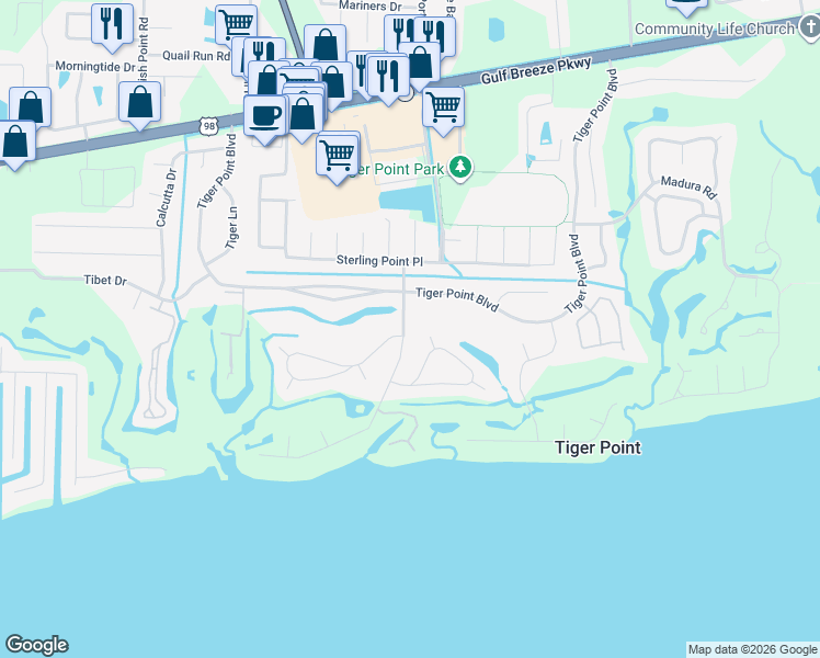 map of restaurants, bars, coffee shops, grocery stores, and more near 1346 Ceylon Drive in Gulf Breeze