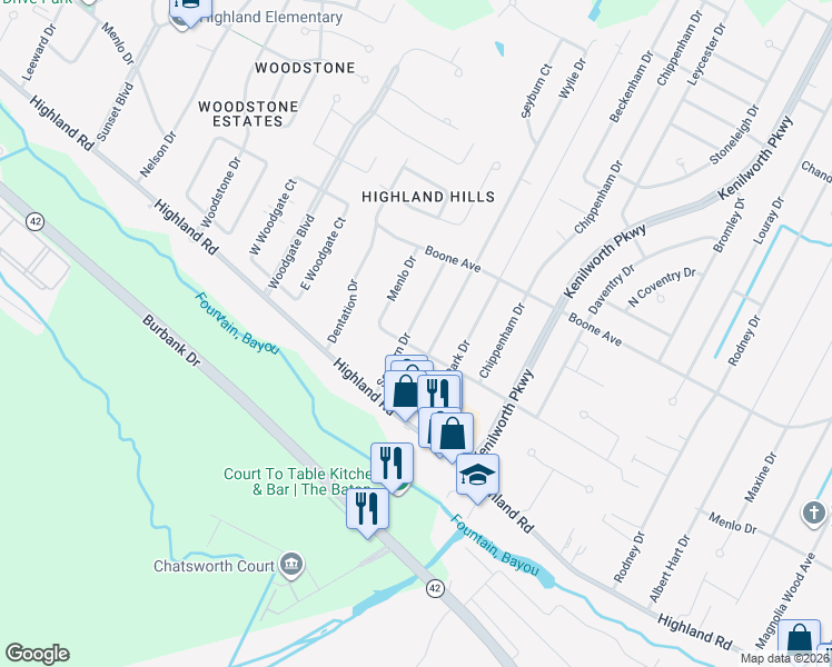 map of restaurants, bars, coffee shops, grocery stores, and more near 346 Seyburn Drive in Baton Rouge