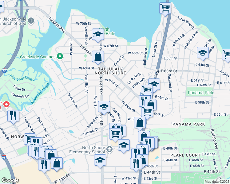 map of restaurants, bars, coffee shops, grocery stores, and more near 6858 Barberie Street in Jacksonville