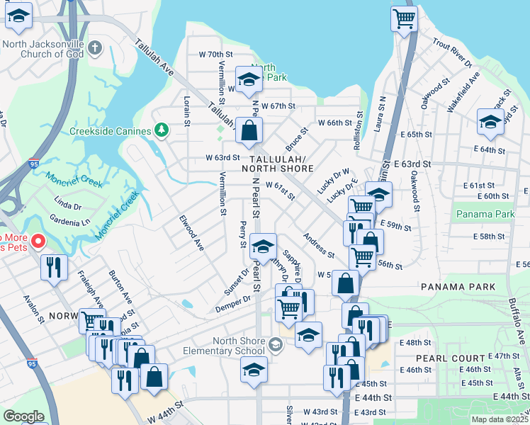 map of restaurants, bars, coffee shops, grocery stores, and more near 6908 North Pearl Street in Jacksonville