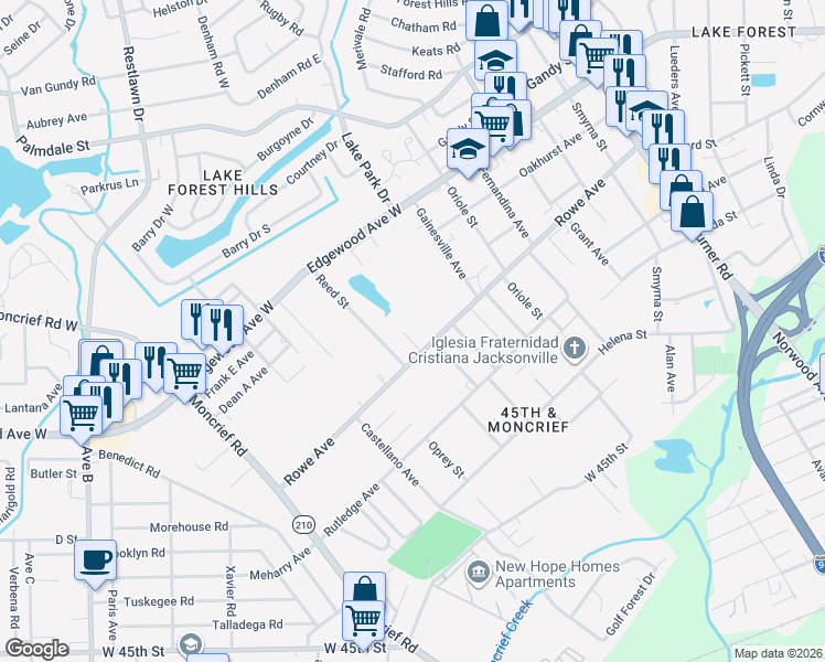 map of restaurants, bars, coffee shops, grocery stores, and more near 7526 Tampa Avenue in Jacksonville