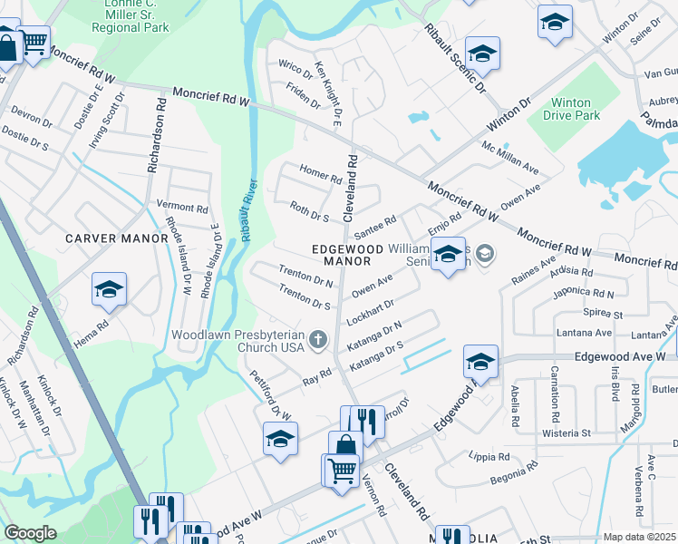 map of restaurants, bars, coffee shops, grocery stores, and more near 6511 Cleveland Road in Jacksonville