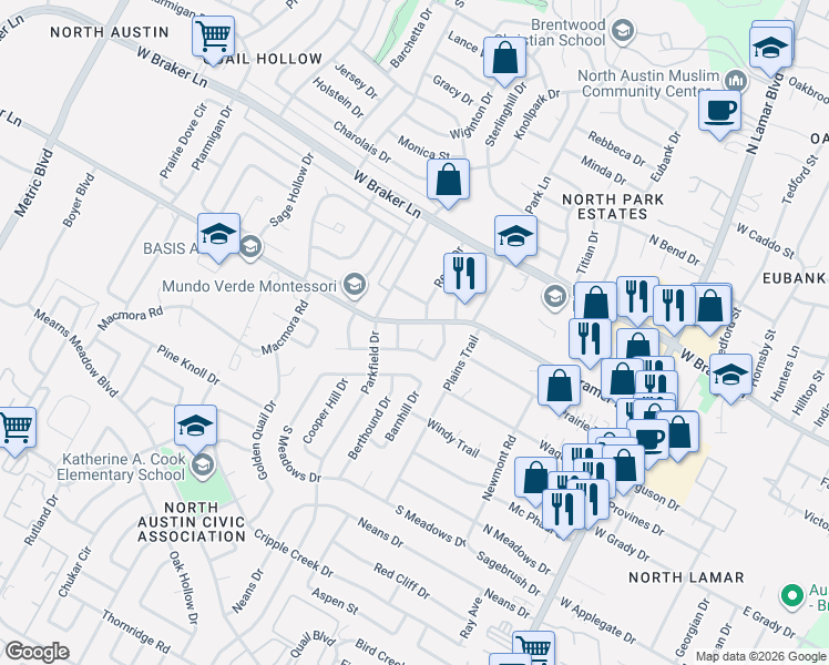 map of restaurants, bars, coffee shops, grocery stores, and more near 10904 Meadgreen Court in Austin
