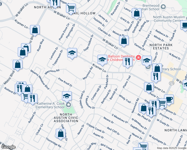 map of restaurants, bars, coffee shops, grocery stores, and more near 10808 Lambert Circle in Austin