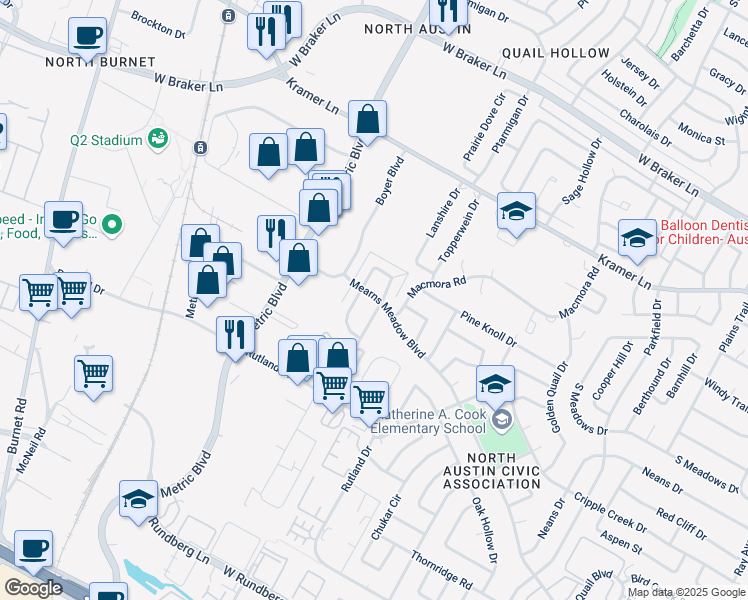 map of restaurants, bars, coffee shops, grocery stores, and more near 1810 Mearns Meadow Boulevard in Austin