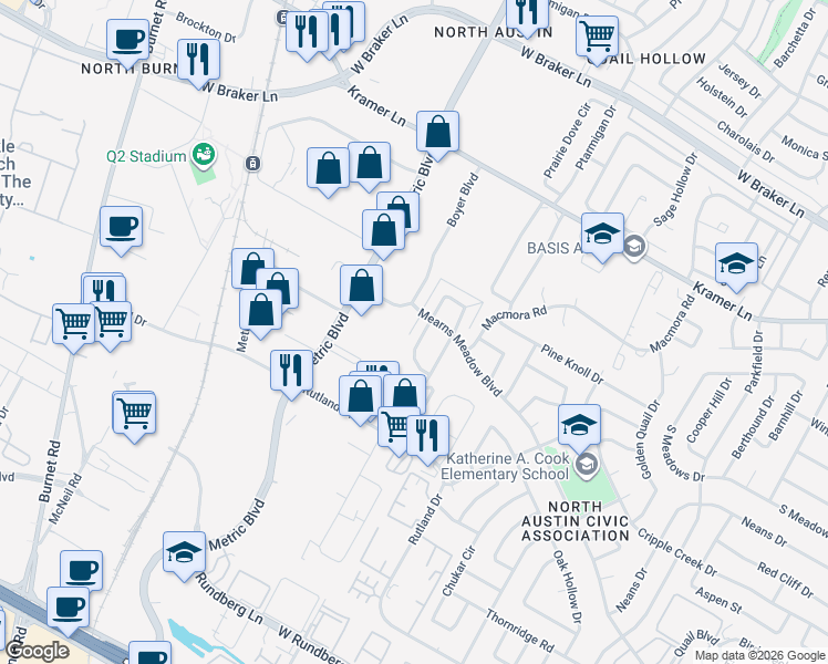 map of restaurants, bars, coffee shops, grocery stores, and more near 10408 Little Pebble Drive in Austin