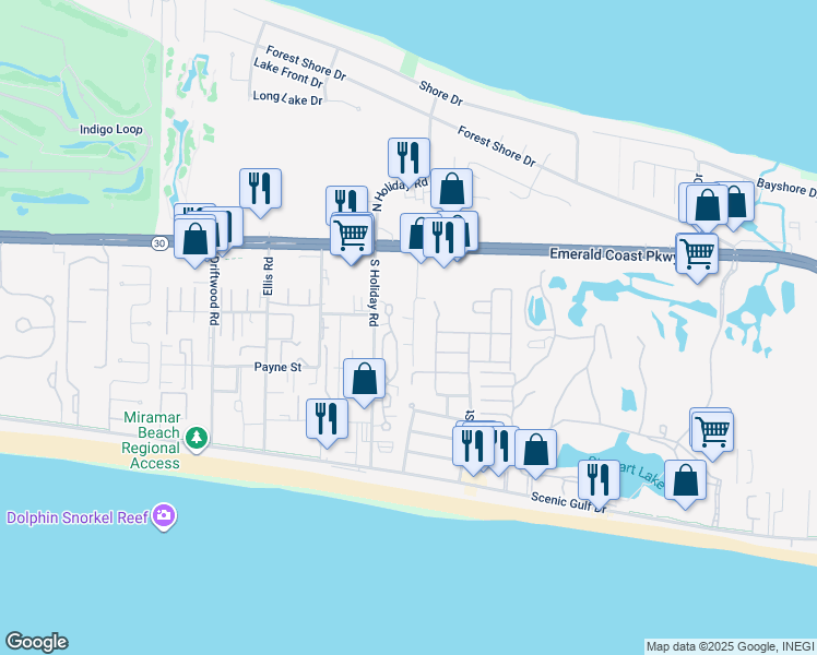 map of restaurants, bars, coffee shops, grocery stores, and more near 281-73 Business Centre Drive in Miramar Beach